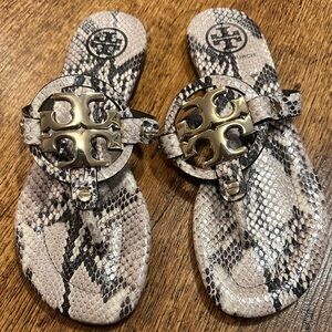 Tory Burch Snake Print Miller Sandals with Gold Logo